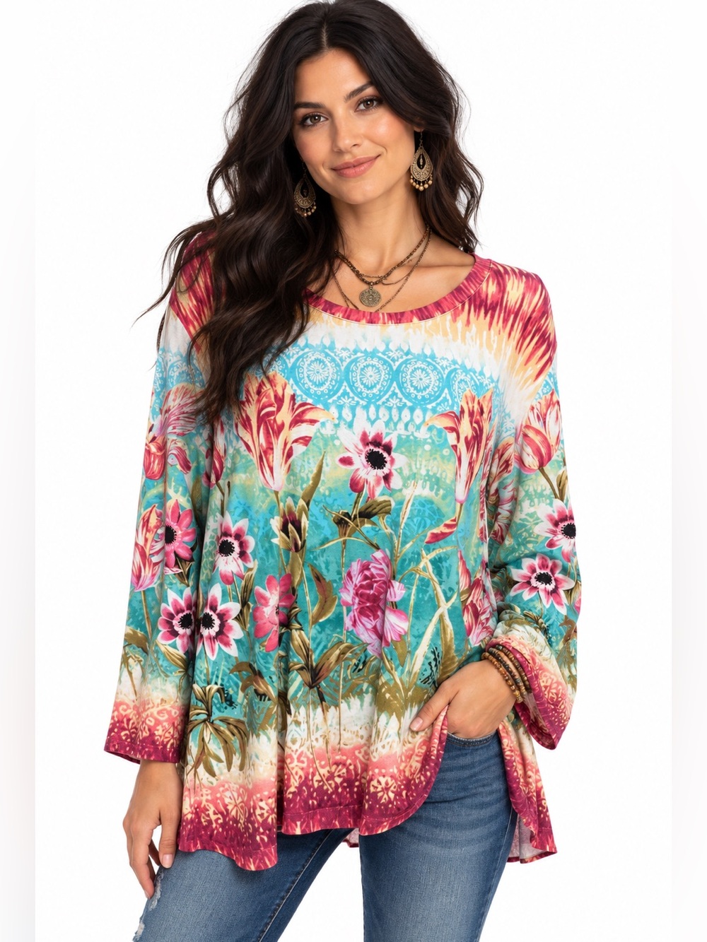 Floral Watercolor Long-Sleeve Scoop Neck Top - Teal & Pink XL